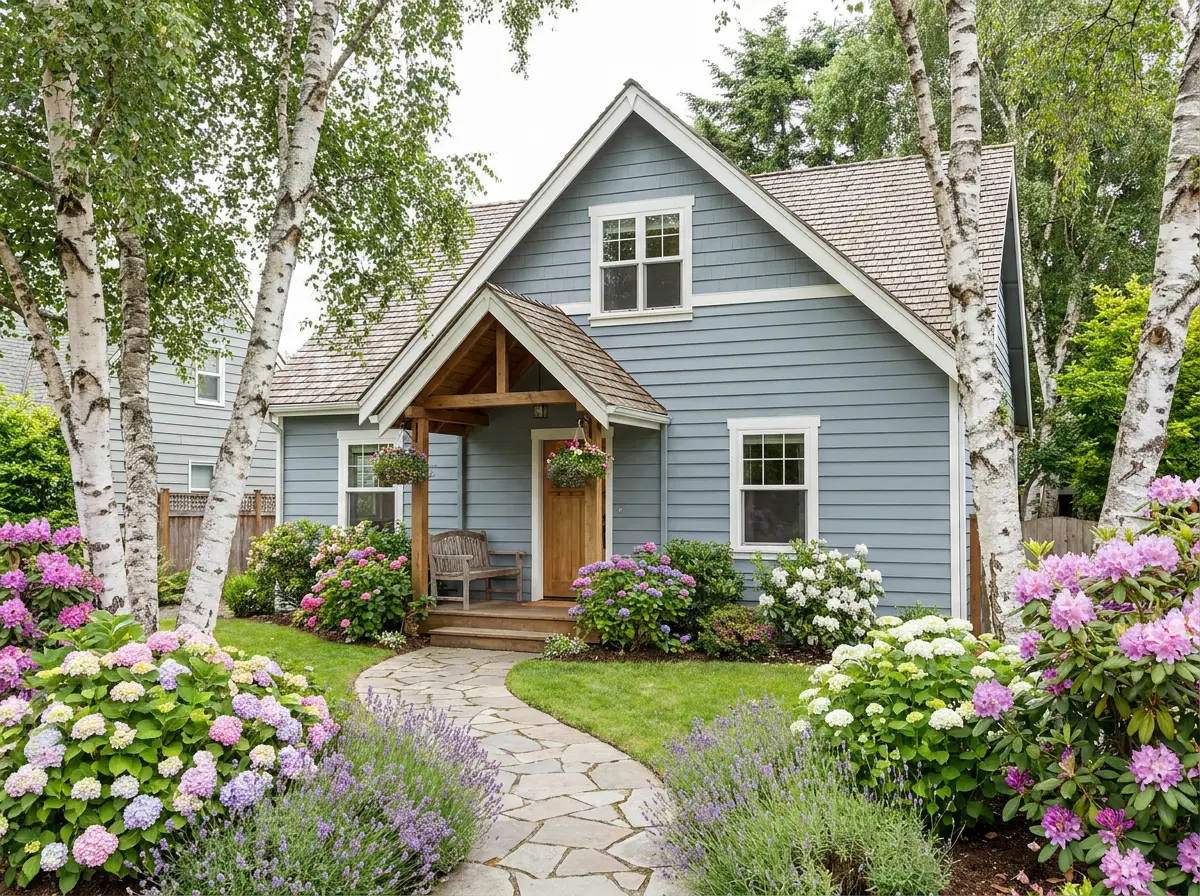 A well-kept craftsman home with a covered porch and flowering front garden.