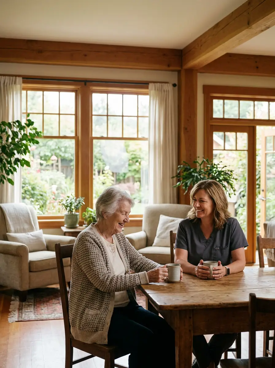 An older woman and a caregiver sharing coffee at a sunlit dining table in a home.