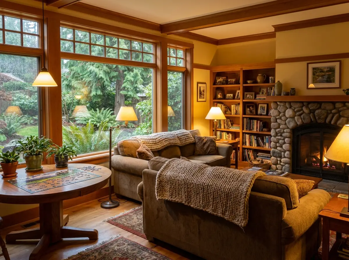 A warm, finished living room with a stone fireplace and wide windows in a completed adult family home.