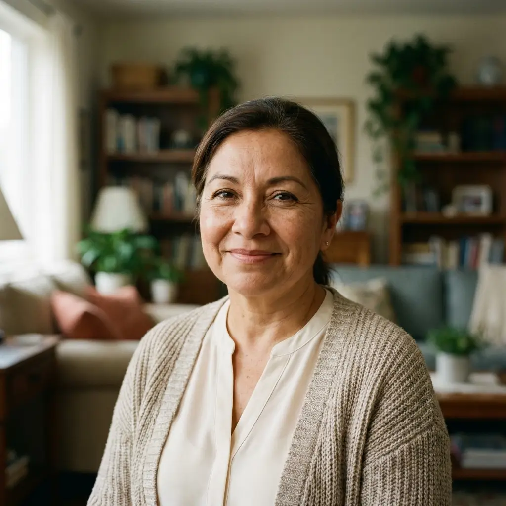 An adult family home owner smiling in the living room of her home.
