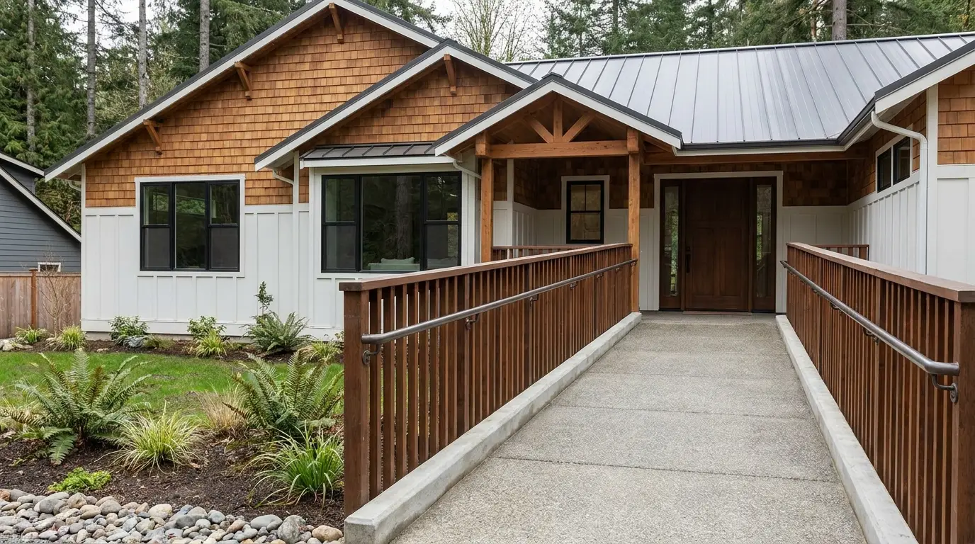 A code-built accessible entrance ramp with continuous handrails on both sides leading to a home's front door.
