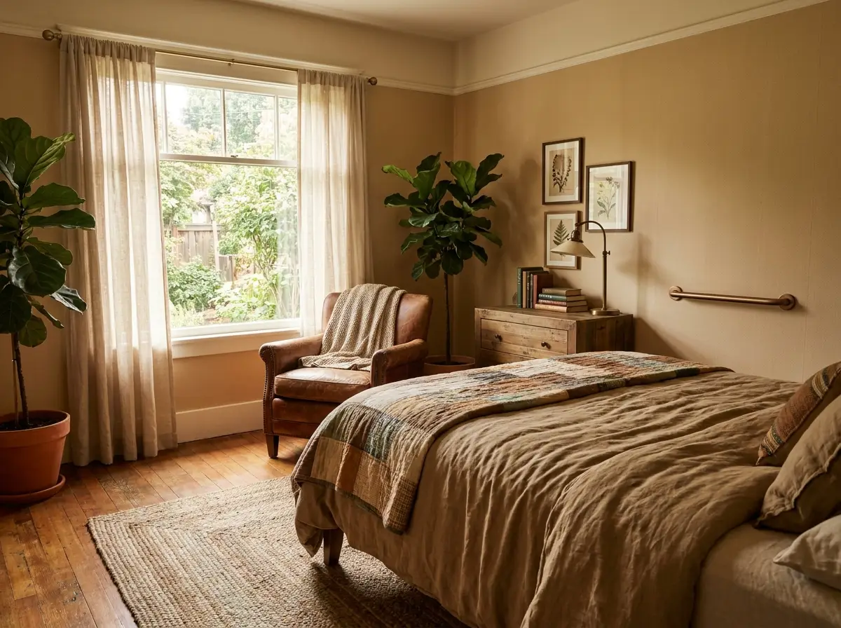 A calm private bedroom with a made bed, reading chair, and a wall-mounted grab bar.